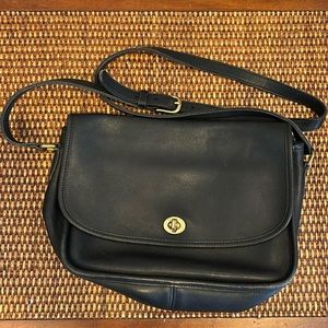 Vintage Coach Crossbody Purse / Black leather with brass accents